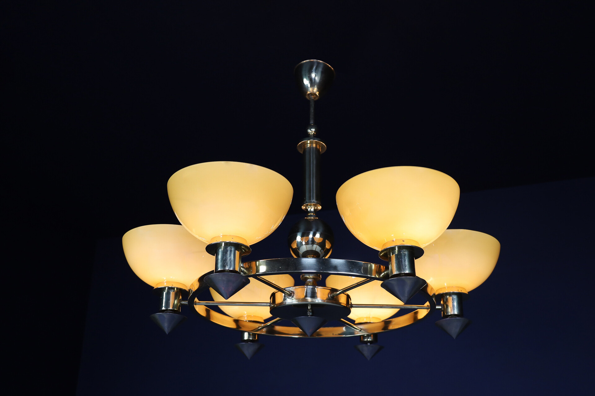 Modern XL Bras and  Amber/ Gold opaline glass Chandeliers, Italy 1970s Late-20th century
