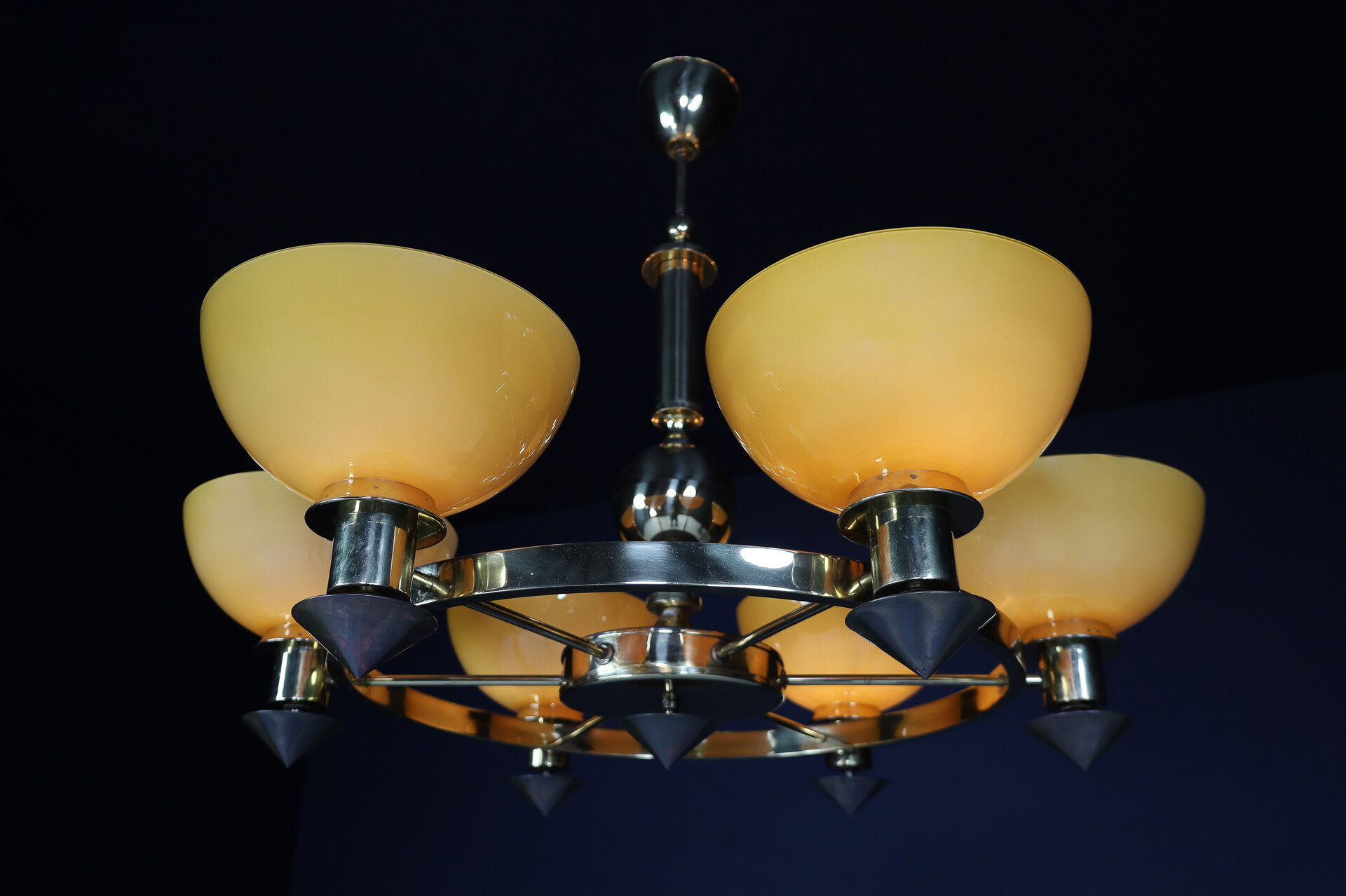 Modern XL Bras and  Amber/ Gold opaline glass Chandeliers, Italy 1970s Late-20th century