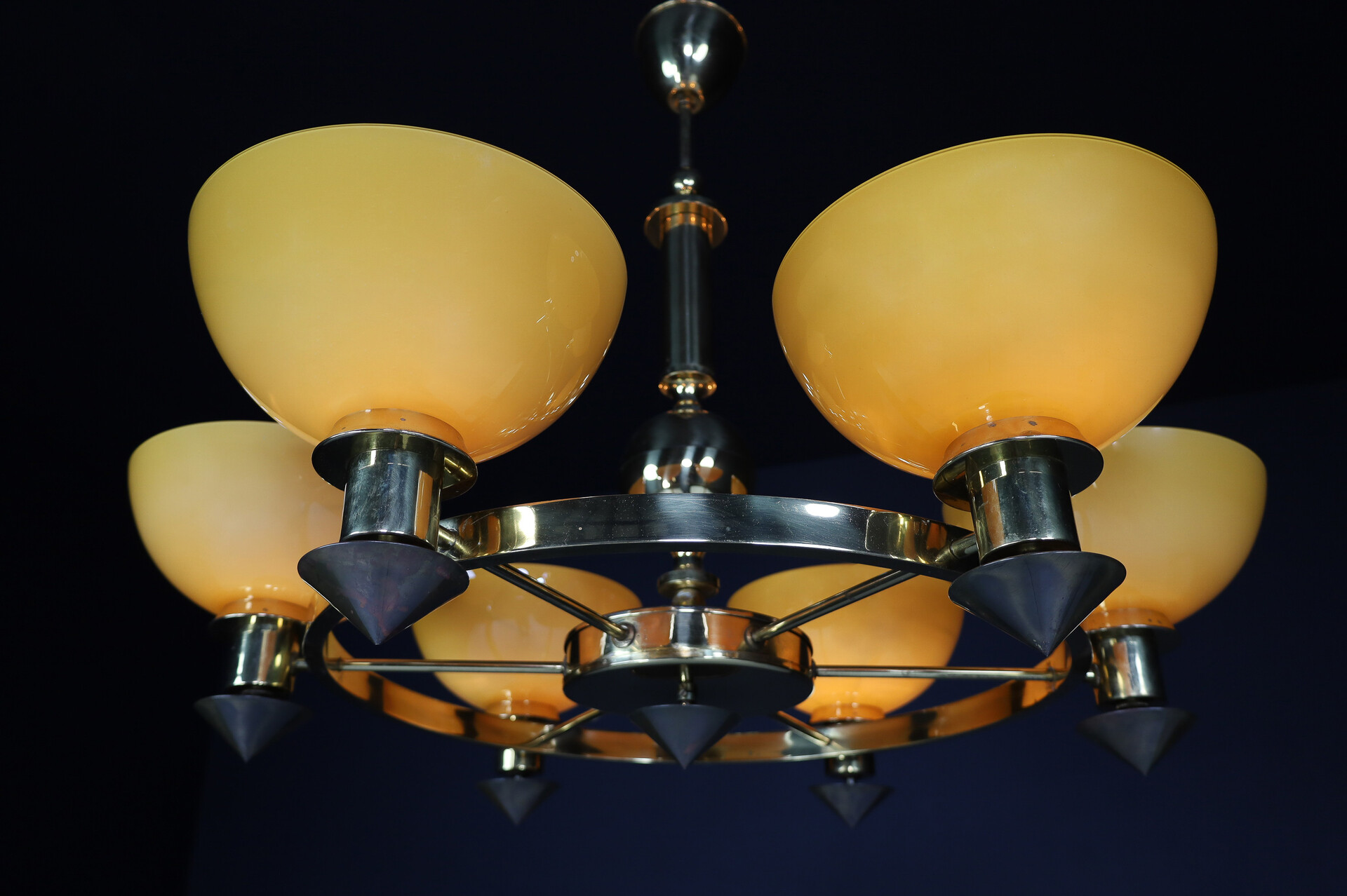Modern XL Bras and  Amber/ Gold opaline glass Chandeliers, Italy 1970s Late-20th century