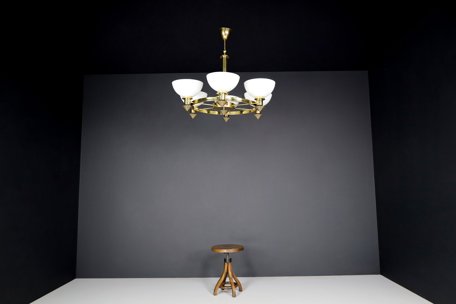 Modern XL Bras and  Amber/ Gold opaline glass Chandeliers, Italy 1970s Late-20th century