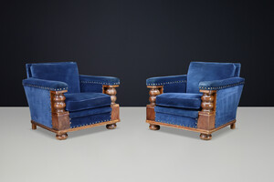 Monumental 1930s French armchairs Château-scale proportions Patinated Walnut Early-20th century