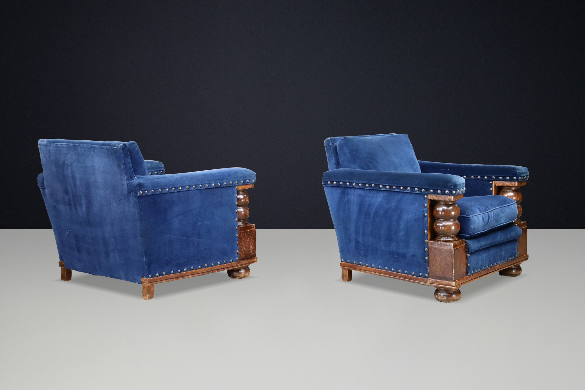 Monumental 1930s French armchairs Château-scale proportions Patinated Walnut Early-20th century