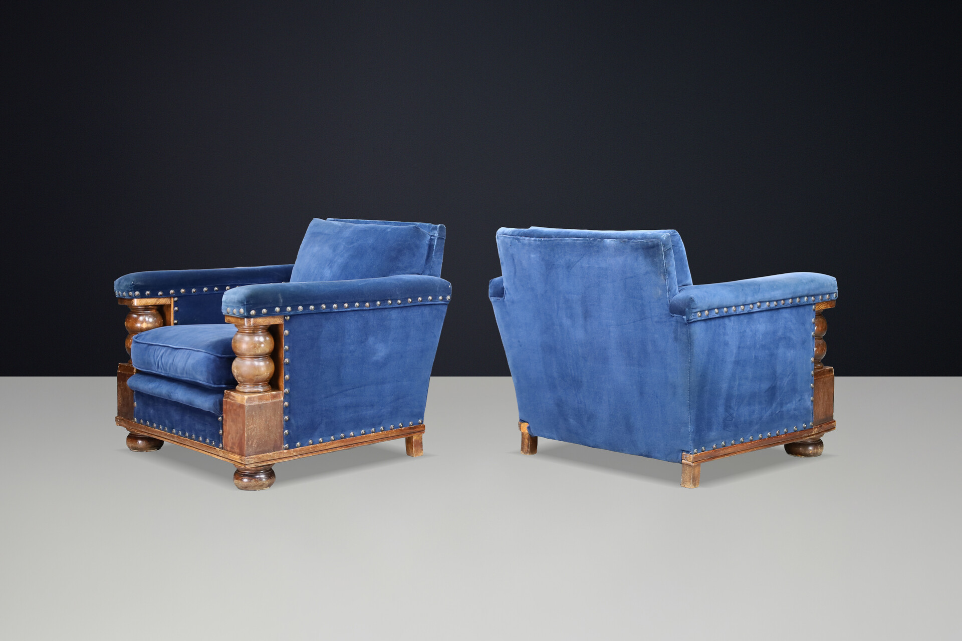 Monumental 1930s French armchairs Château-scale proportions Patinated Walnut Early-20th century