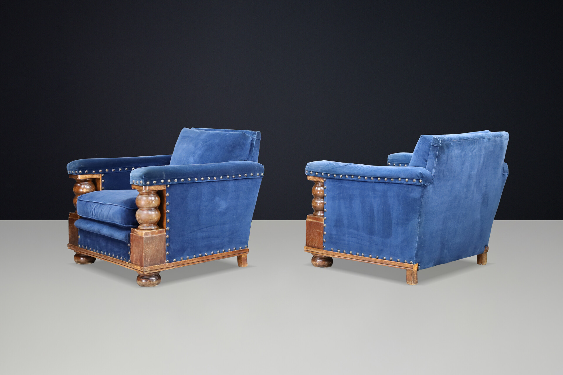 Monumental 1930s French armchairs Château-scale proportions Patinated Walnut Early-20th century