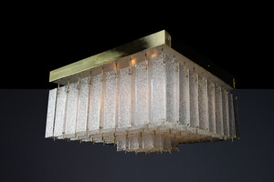 Monumental 1960s Bohemian Flush Mount Chandelier in Textured Glass and Brass. CZ 1960 Mid-20th century