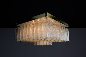 Monumental 1960s Bohemian Flush Mount Chandelier in Textured Glass and Brass. CZ 1960 Mid-20th century
