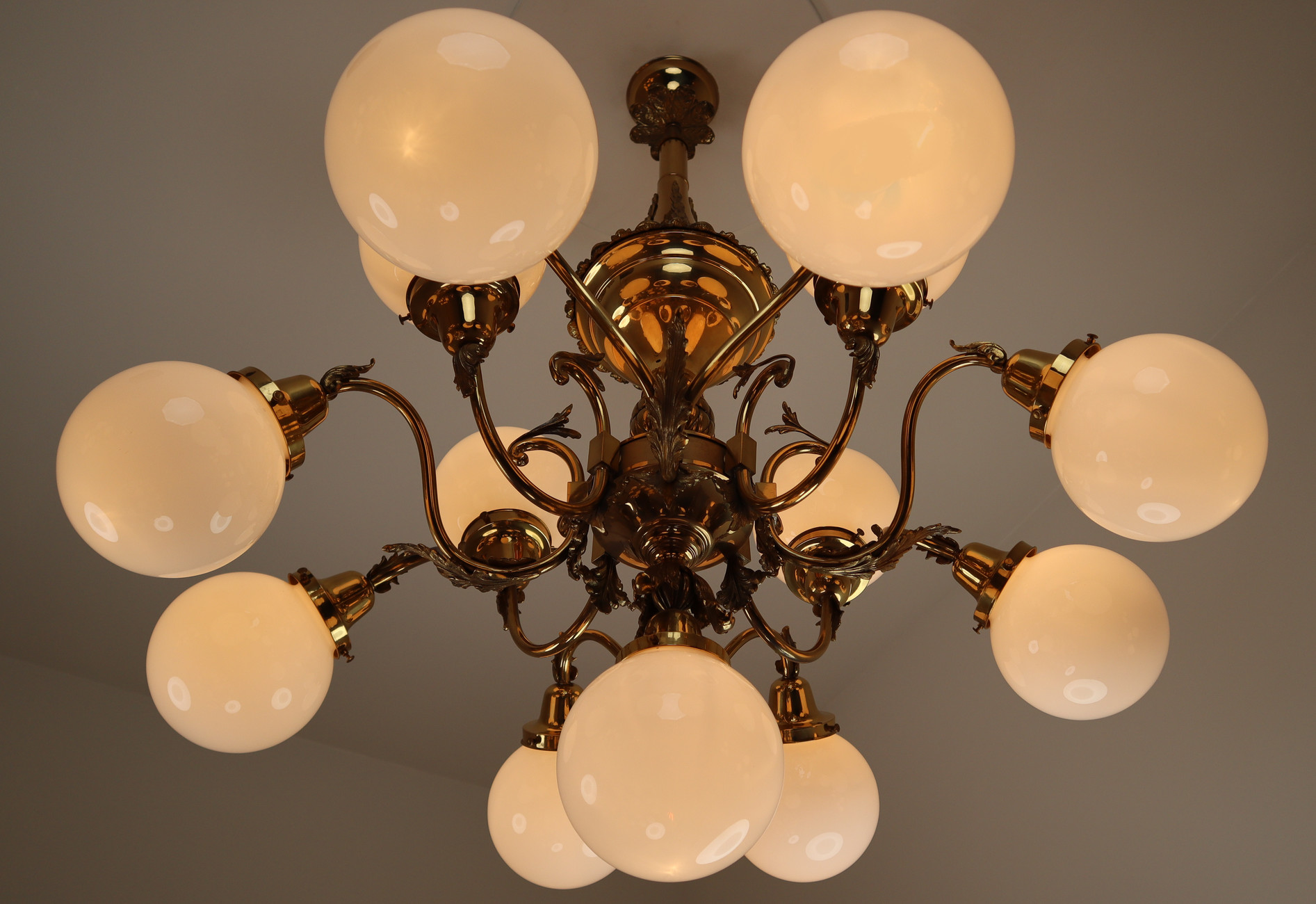 Monumental Brass Chandeliers with Opaline Glass Globes, National Gallery Praque. Early-20th century