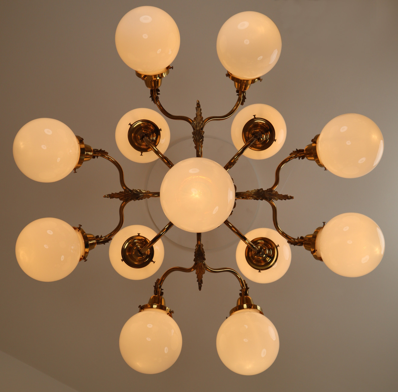 Monumental Brass Chandeliers with Opaline Glass Globes, National Gallery Praque. Early-20th century