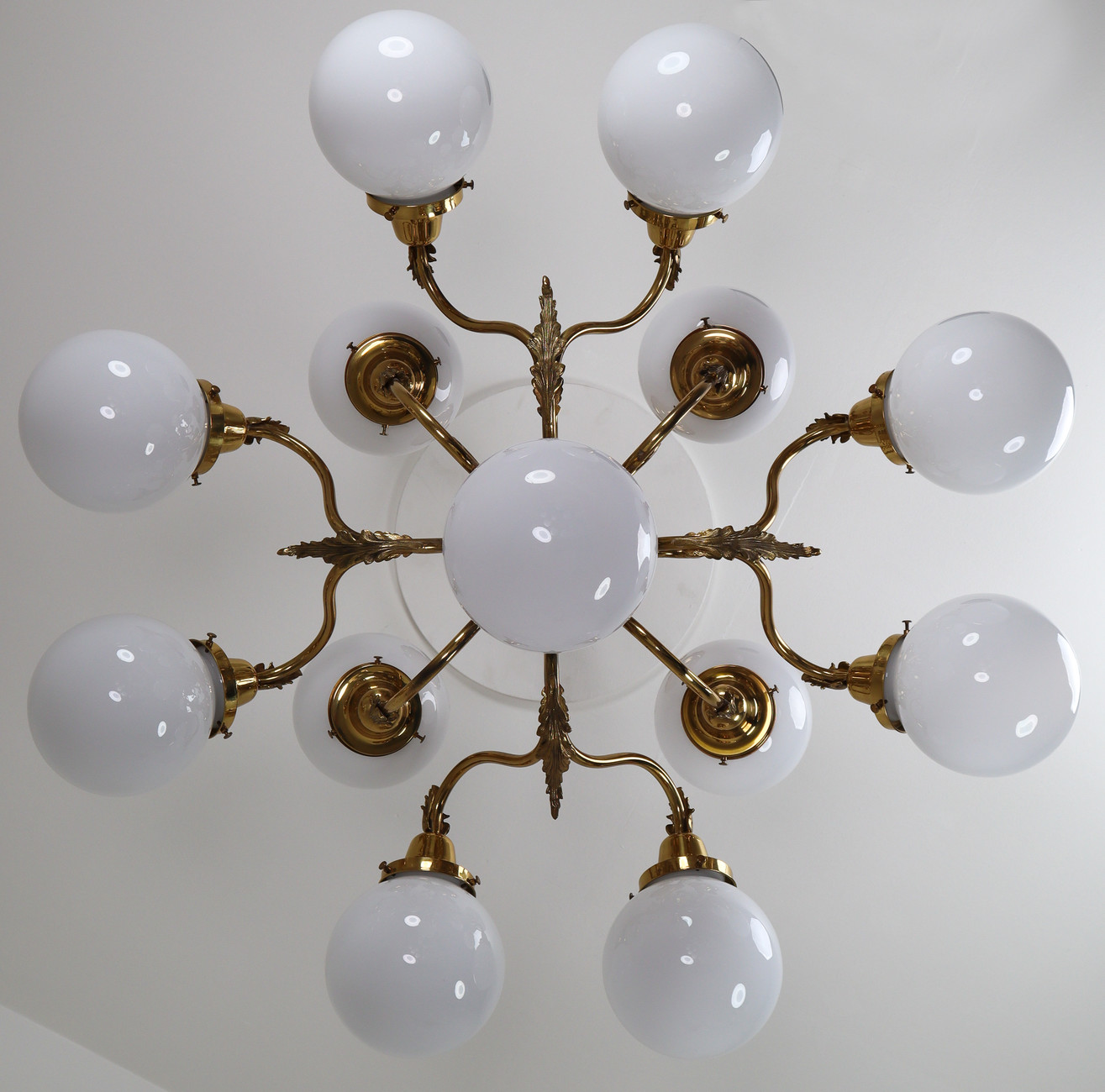 Monumental Brass Chandeliers with Opaline Glass Globes, National Gallery Praque. Early-20th century