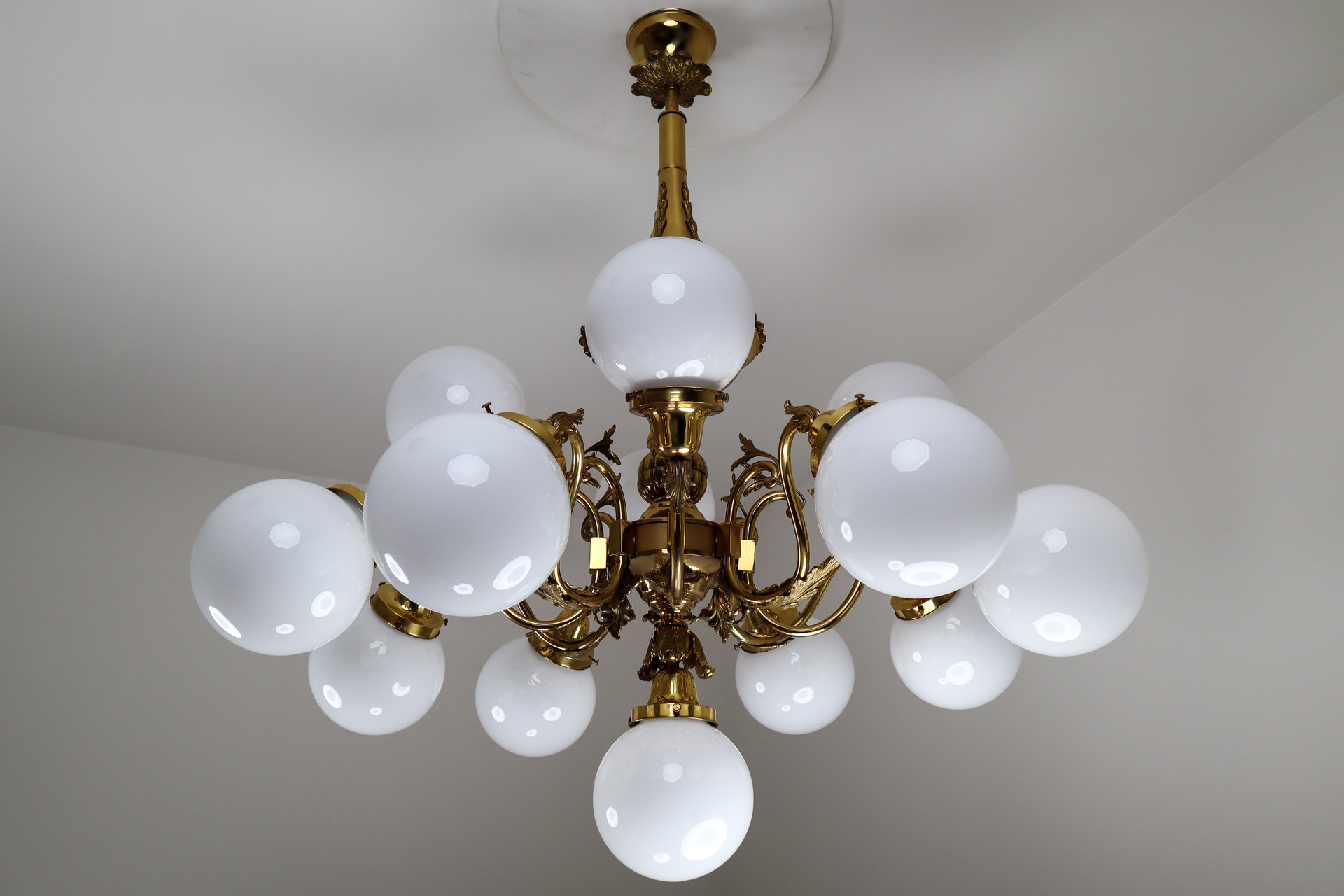 Monumental Brass Chandeliers with Opaline Glass Globes, National Gallery Praque. Early-20th century