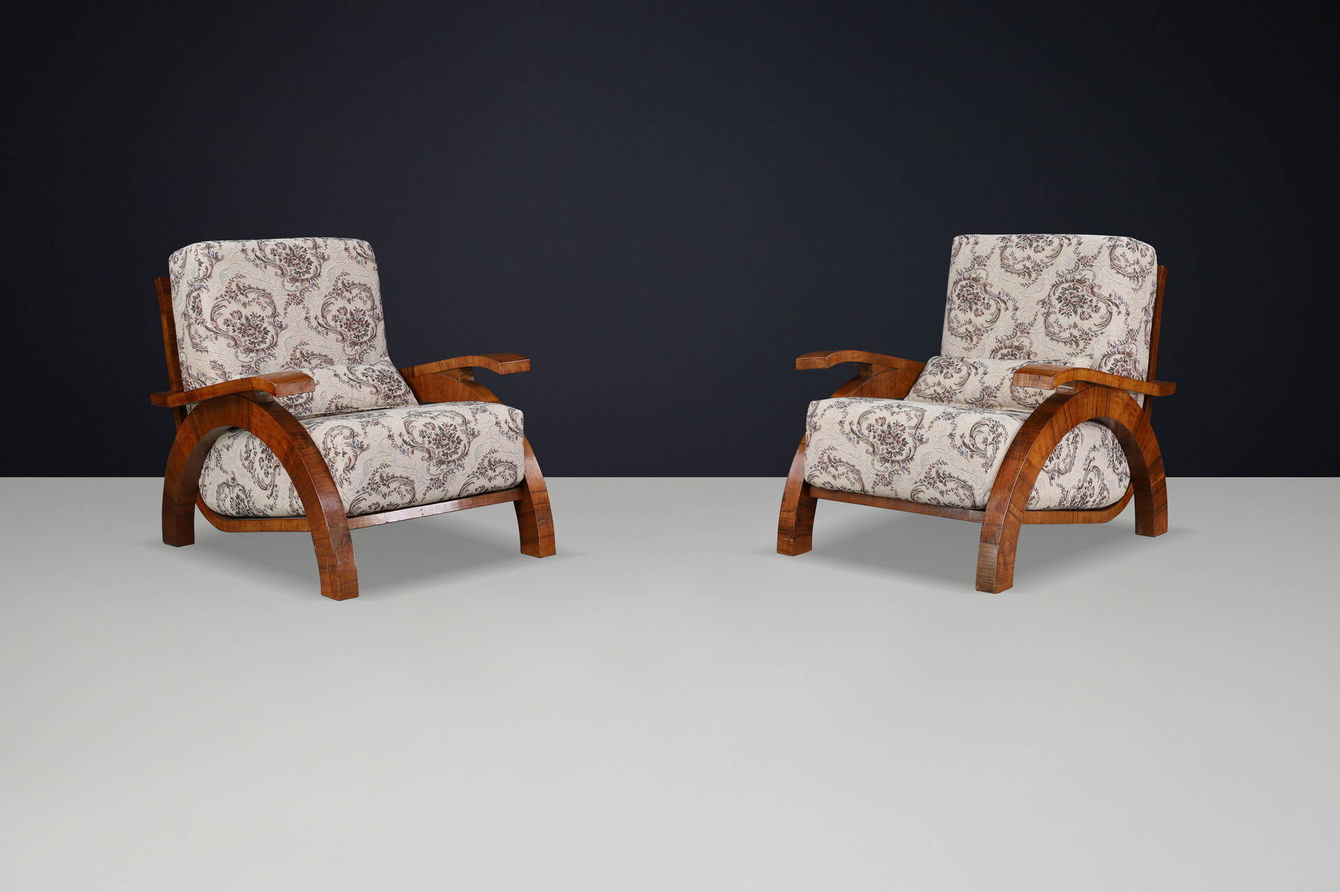 Monumental Pair of 1930s Czech Art Deco Lounge Chairs in Walnut. Early-20th century