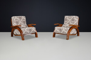 Monumental Pair of 1930s Czech Art Deco Lounge Chairs in Walnut. Early-20th century