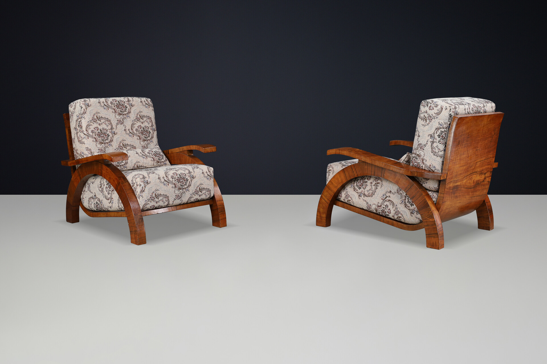 Monumental Pair of 1930s Czech Art Deco Lounge Chairs in Walnut. Early-20th century