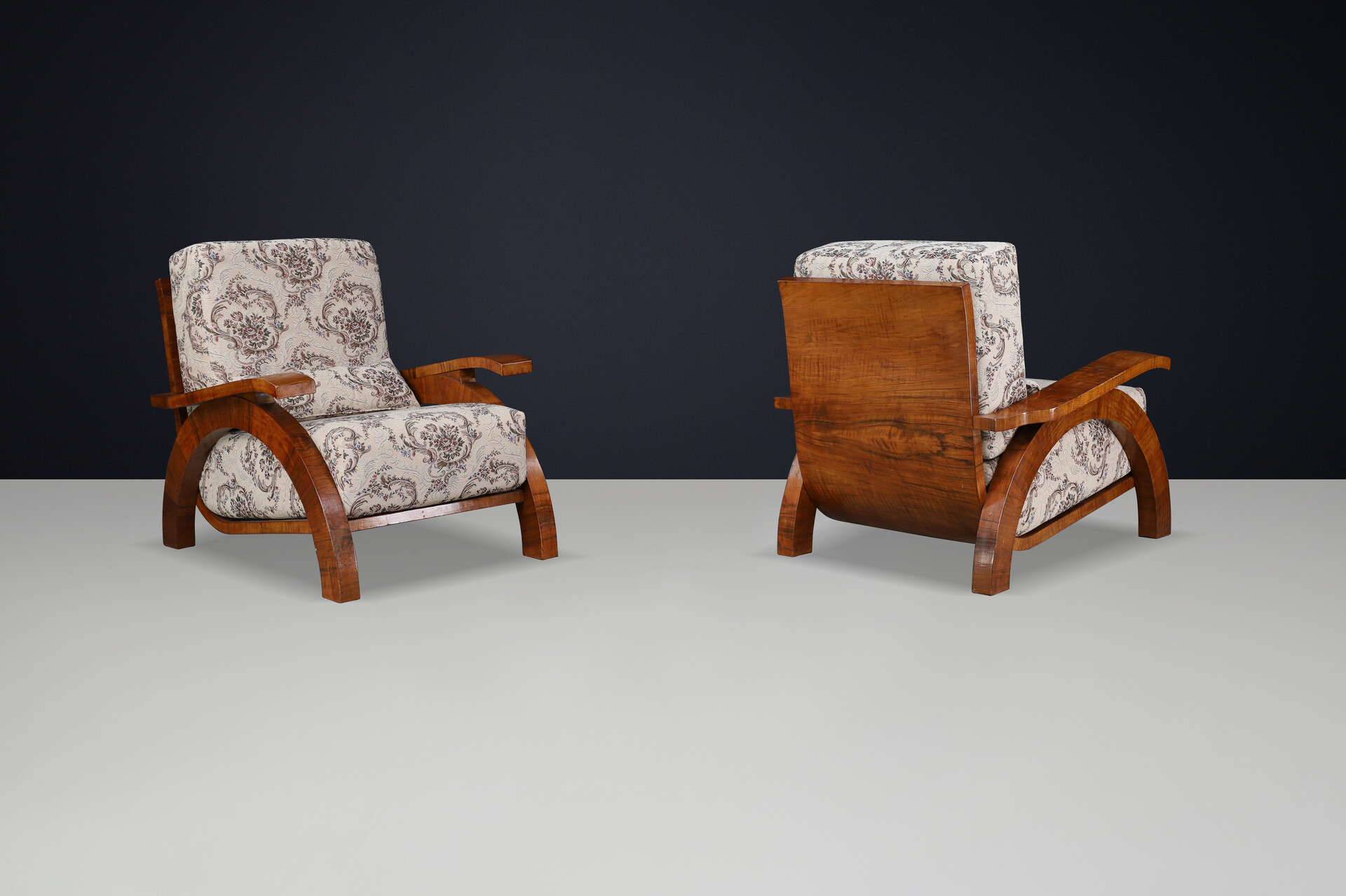 Monumental Pair of 1930s Czech Art Deco Lounge Chairs in Walnut. Early-20th century