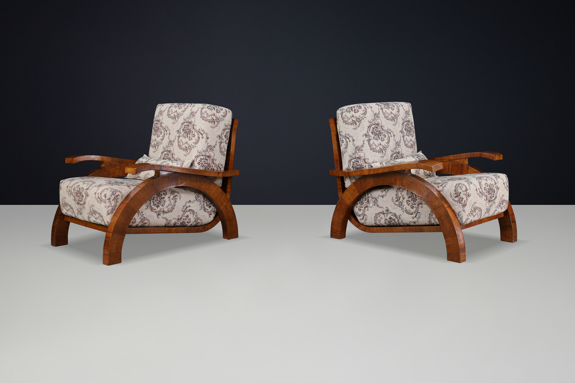 Monumental Pair of 1930s Czech Art Deco Lounge Chairs in Walnut. Early-20th century