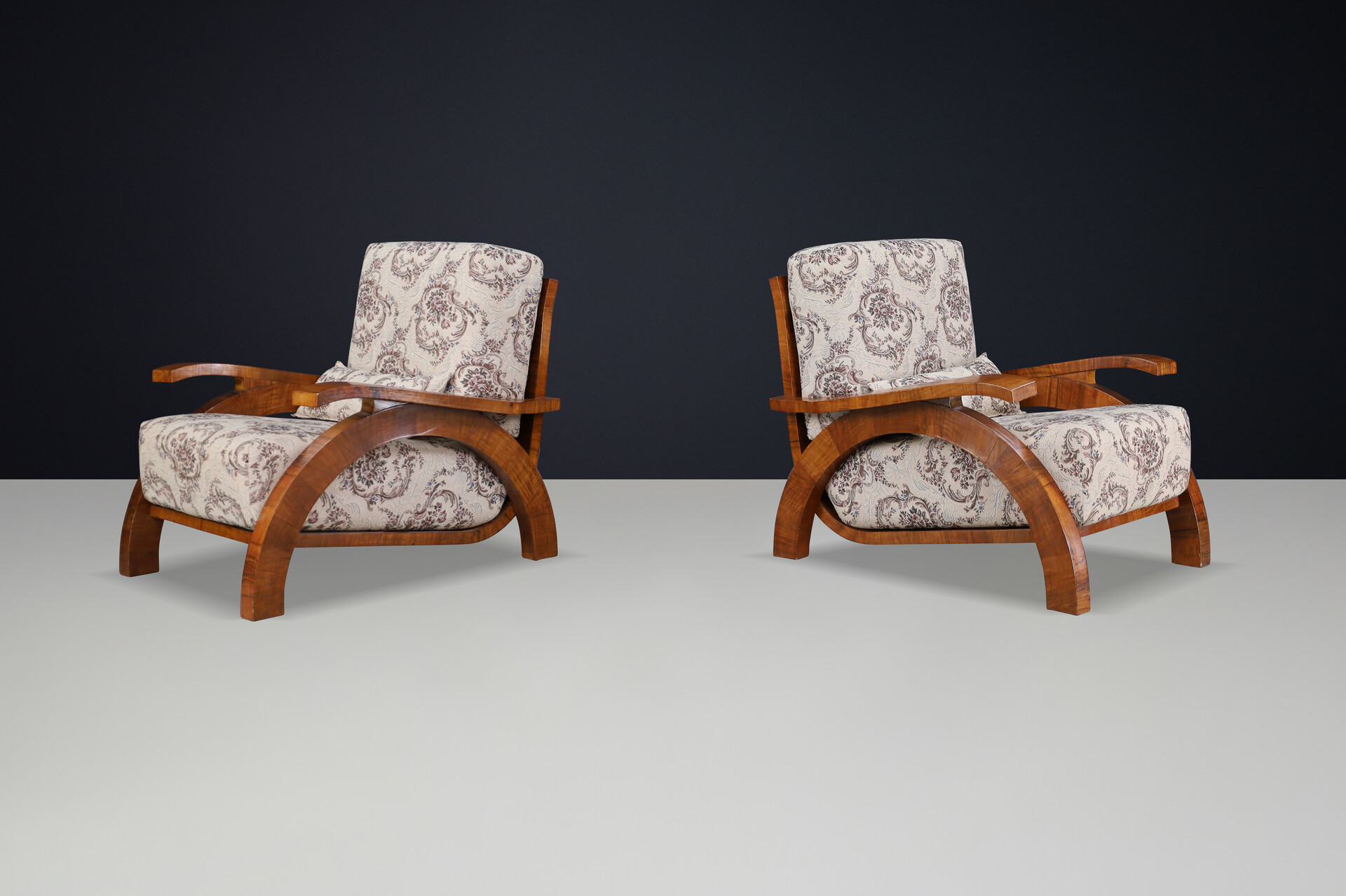 Monumental Pair of 1930s Czech Art Deco Lounge Chairs in Walnut. Early-20th century