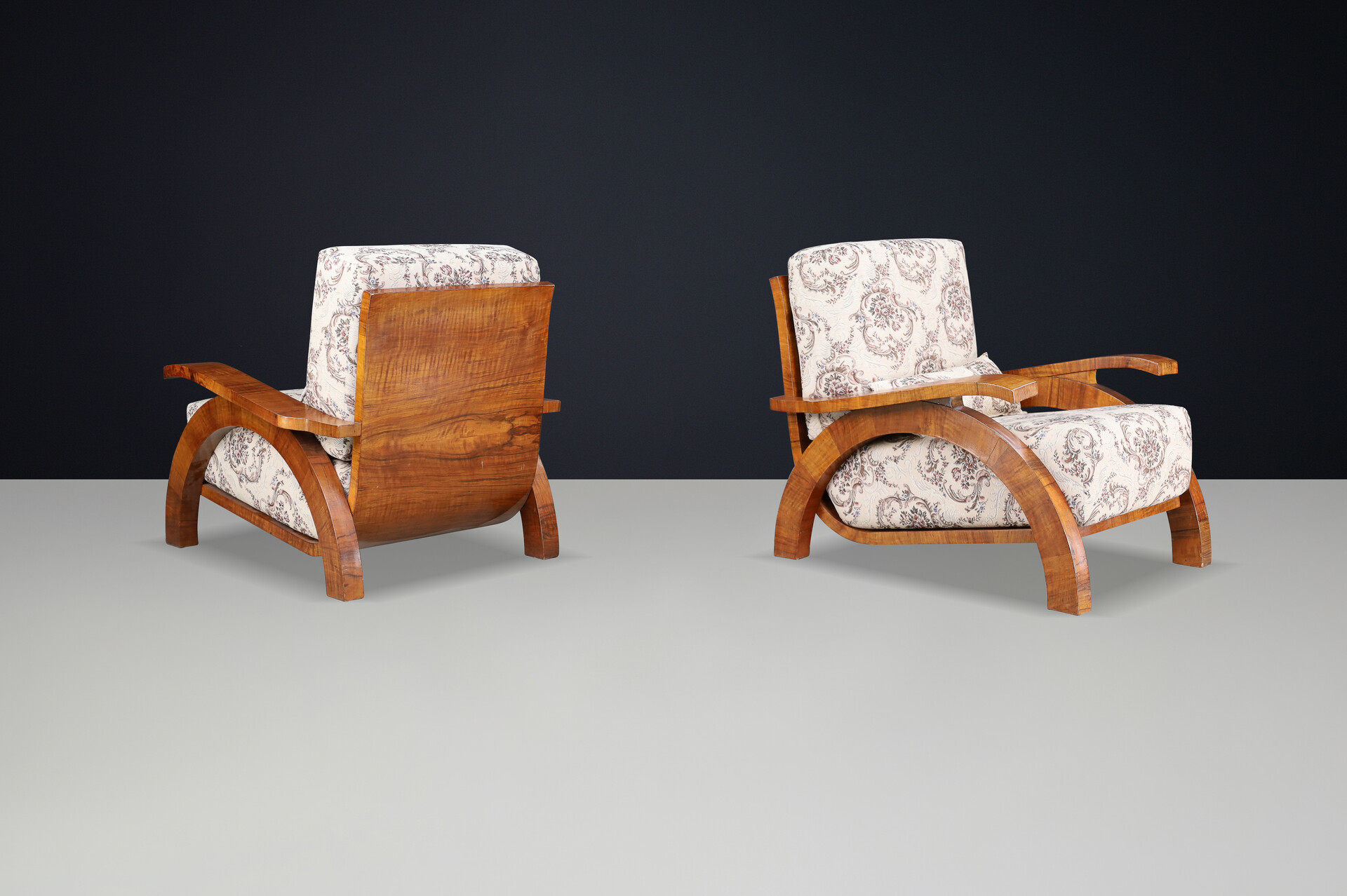Monumental Pair of 1930s Czech Art Deco Lounge Chairs in Walnut. Early-20th century