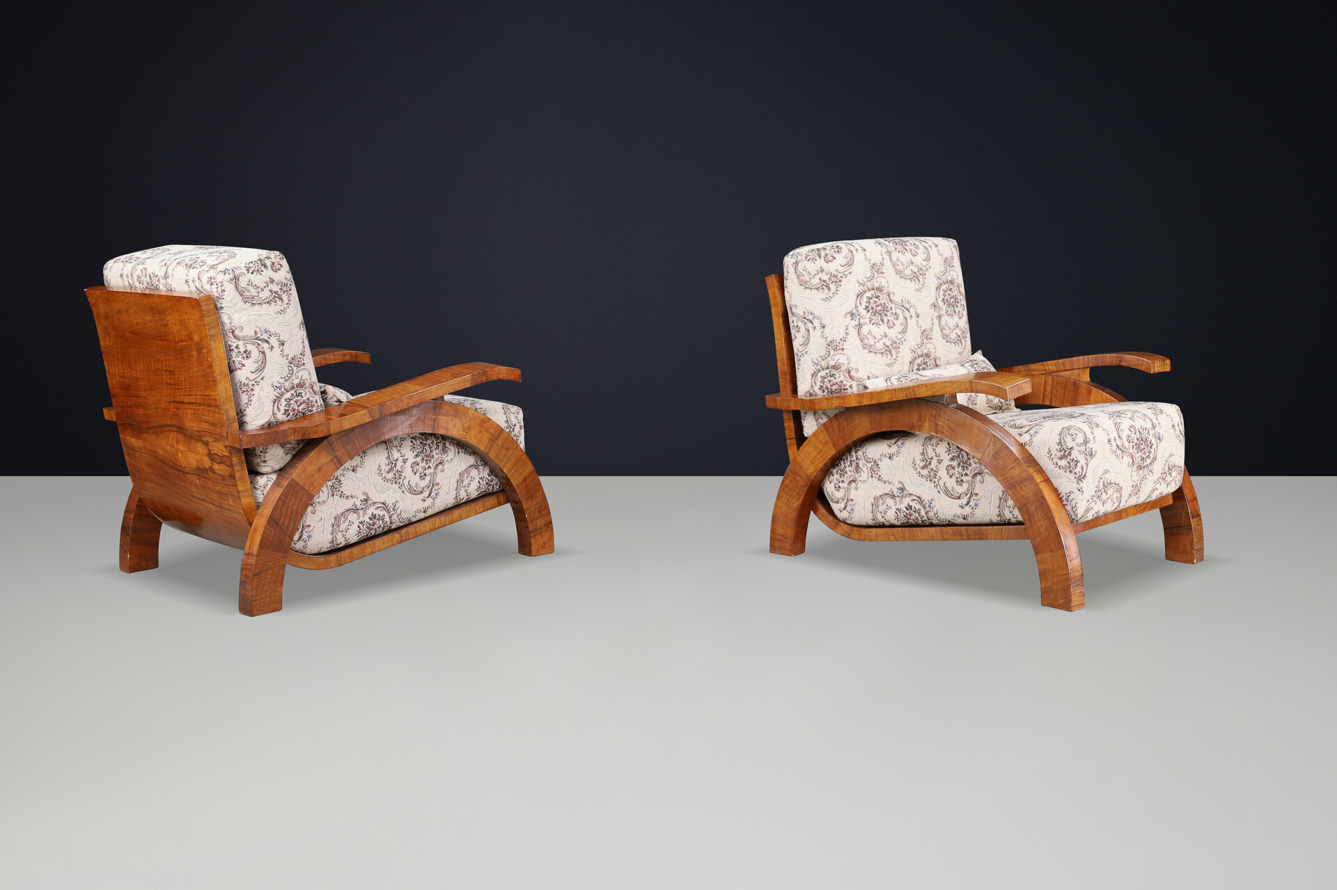 Monumental Pair of 1930s Czech Art Deco Lounge Chairs in Walnut. Early-20th century