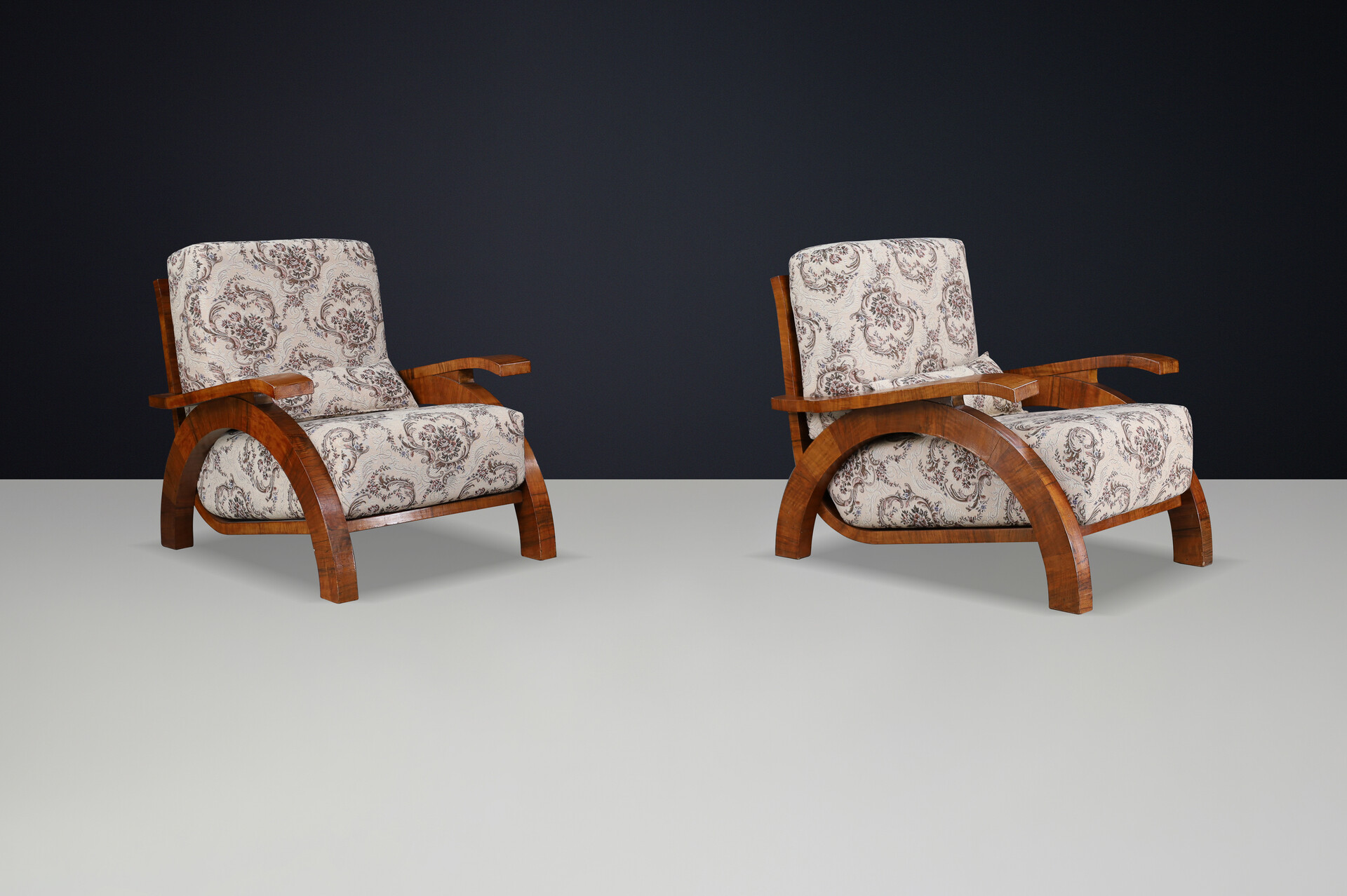Monumental Pair of 1930s Czech Art Deco Lounge Chairs in Walnut. Early-20th century