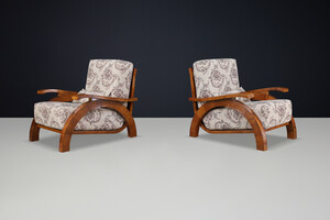 Monumental Pair of 1930s Czech Art Deco Lounge Chairs in Walnut. Early-20th century