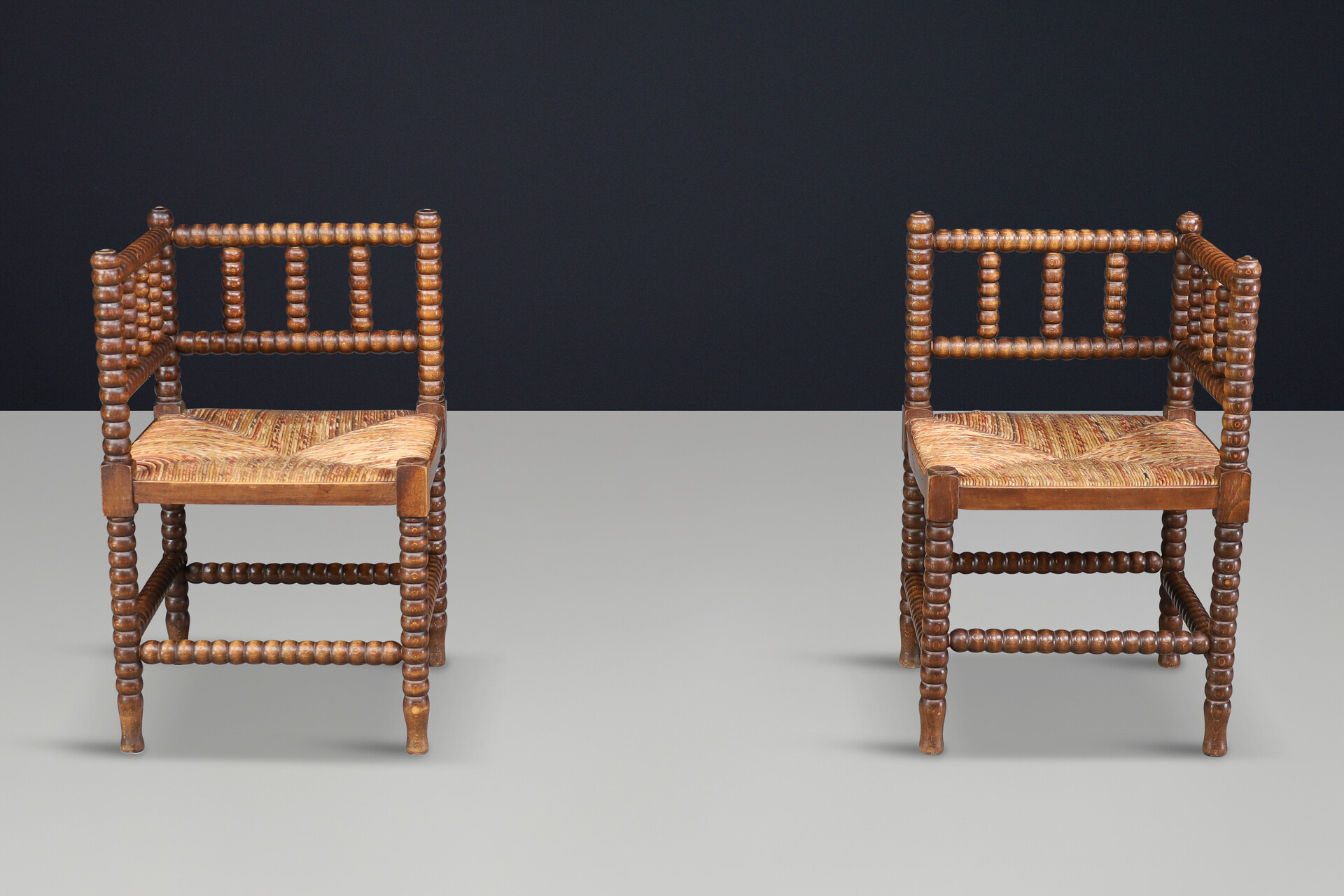 Oak ank wicker bobbin chairs,France 1950s Mid-20th century