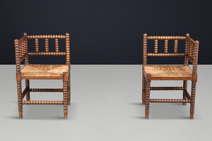Oak ank wicker bobbin chairs,France 1950s Mid-20th century