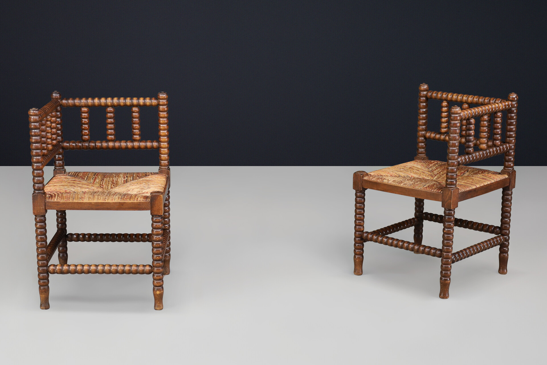 Oak ank wicker bobbin chairs,France 1950s Mid-20th century