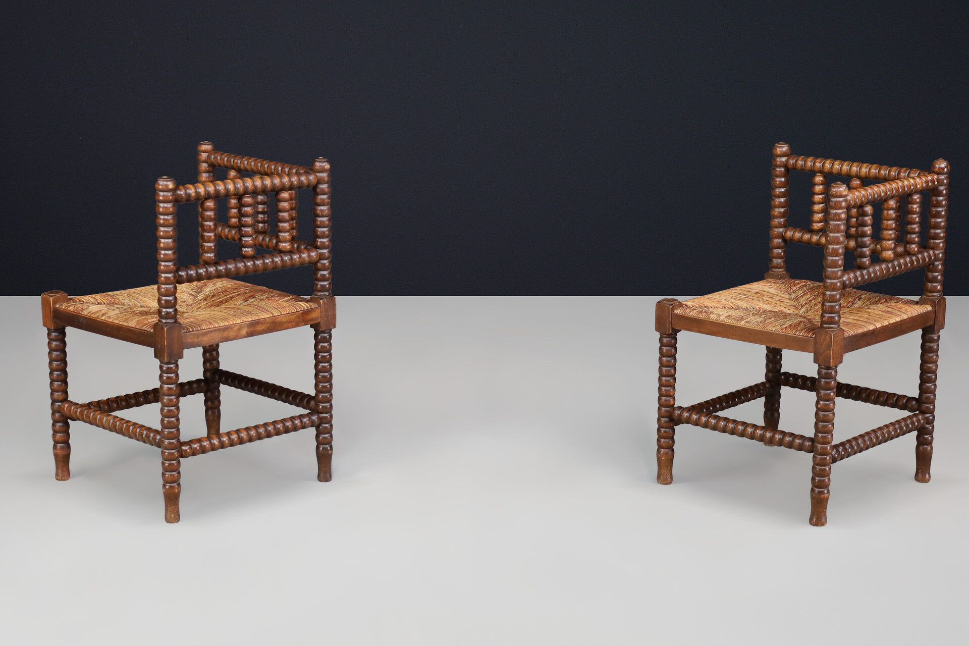 Oak ank wicker bobbin chairs,France 1950s Mid-20th century