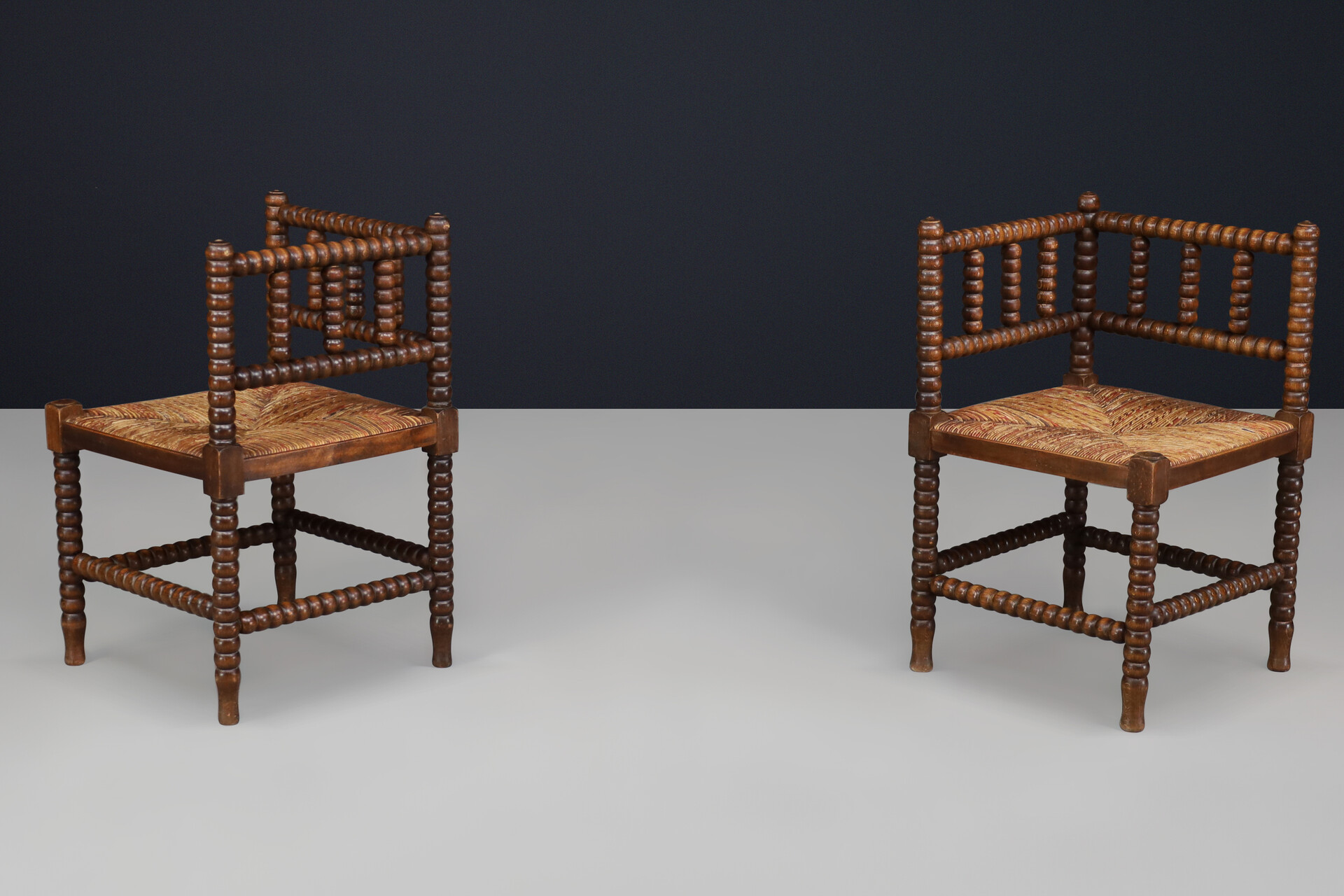 Oak ank wicker bobbin chairs,France 1950s Mid-20th century