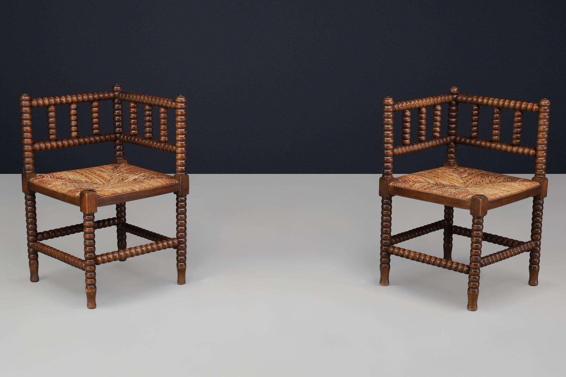 Oak ank wicker bobbin chairs,France 1950s Mid-20th century