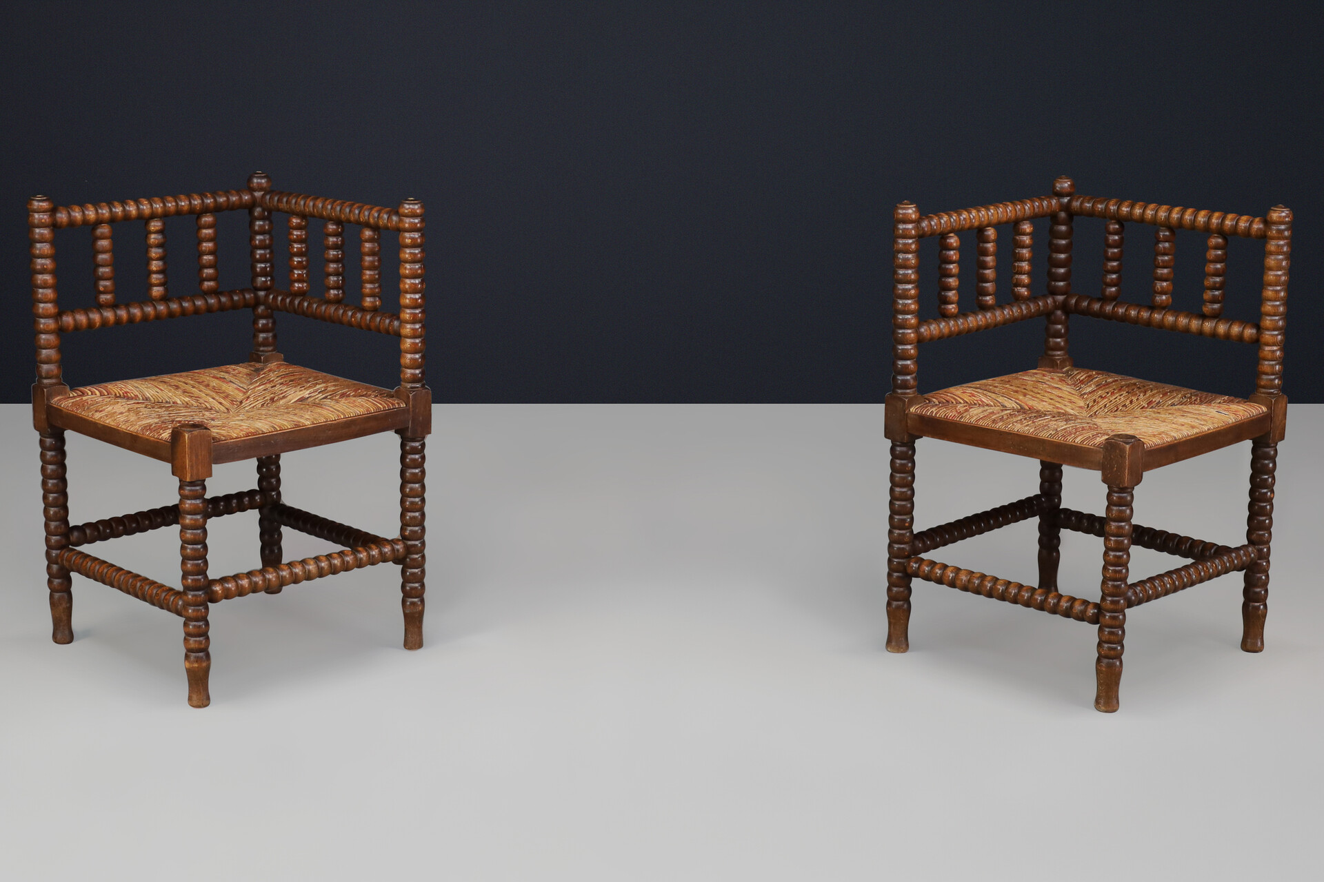Oak ank wicker bobbin chairs,France 1950s Mid-20th century