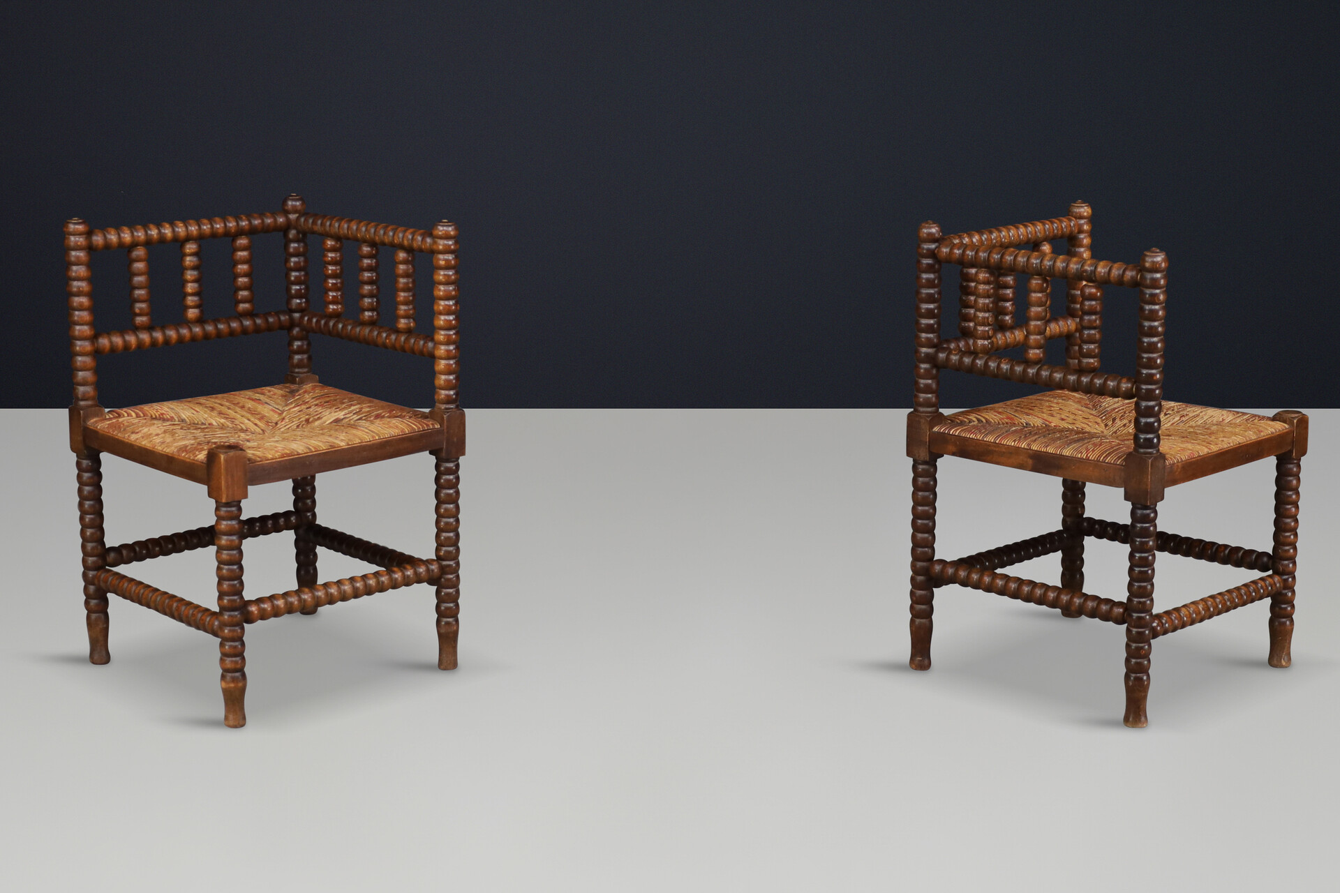 Oak ank wicker bobbin chairs,France 1950s Mid-20th century