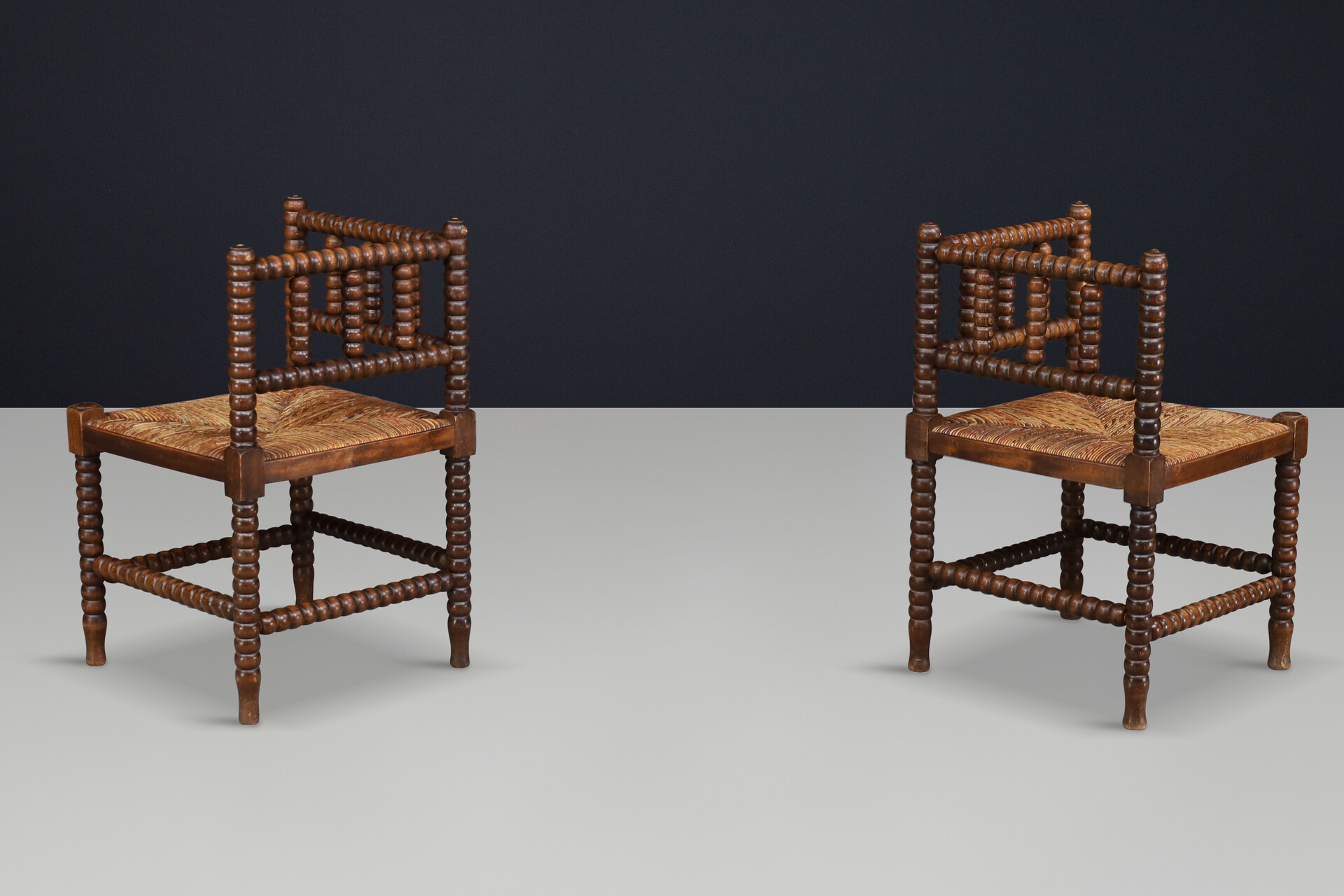 Oak ank wicker bobbin chairs,France 1950s Mid-20th century