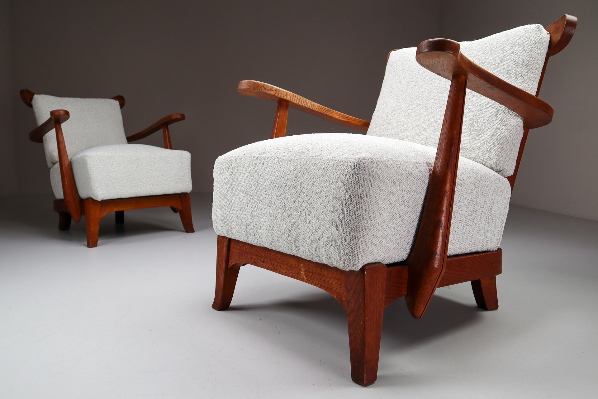Oak Lounge / Armchairs With Re-Upholsterd Bouclé Fabric France 1950s Mid-20th century