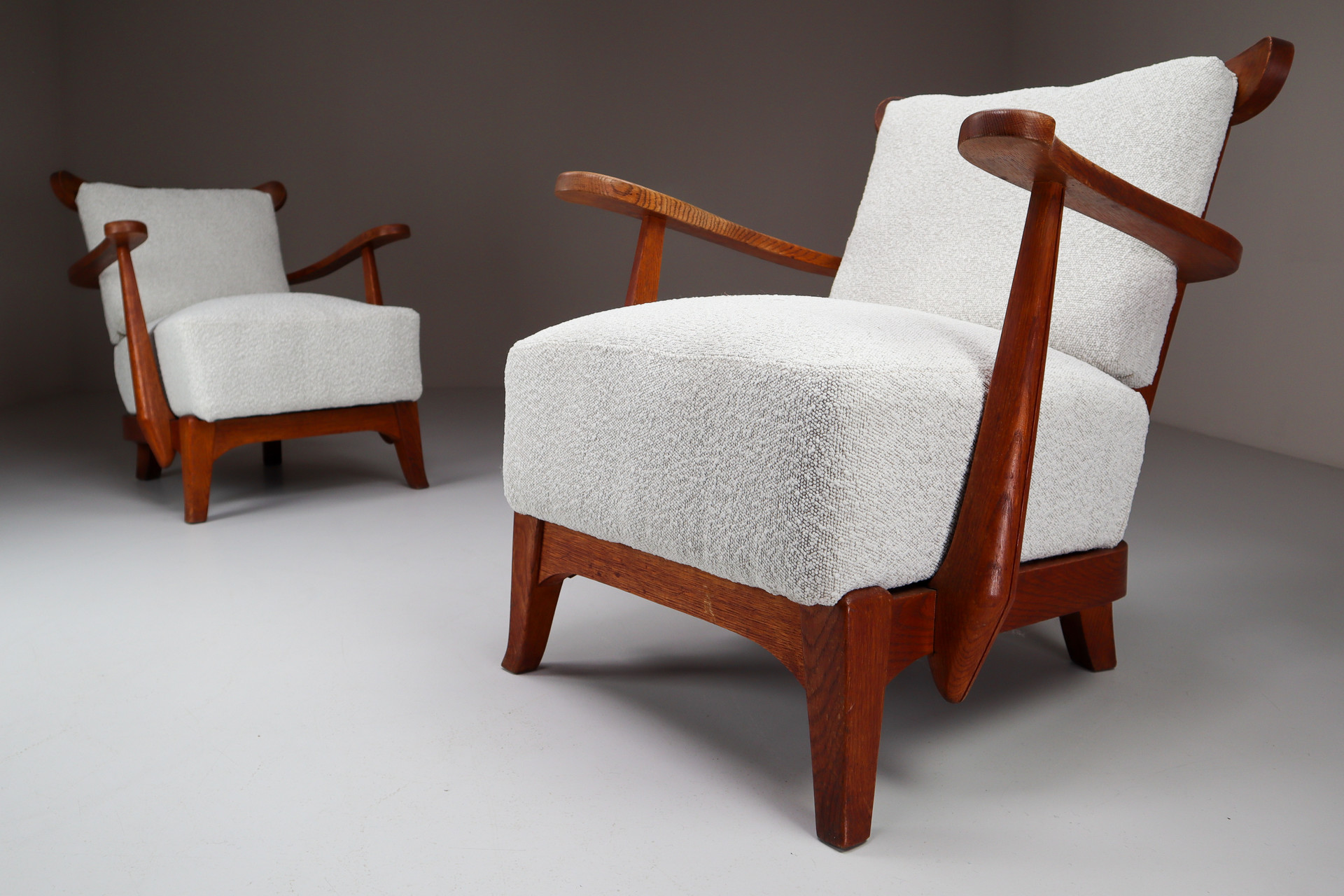 Oak Lounge / Armchairs With Re-Upholsterd Bouclé Fabric France 1950s Mid-20th century