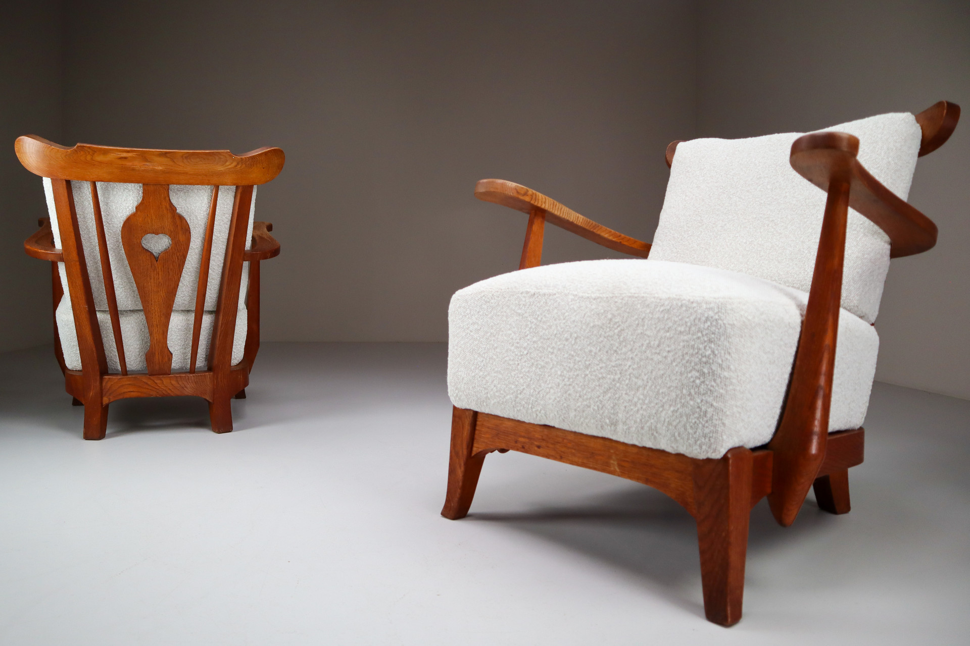 Oak Lounge / Armchairs With Re-Upholsterd Bouclé Fabric France 1950s Mid-20th century