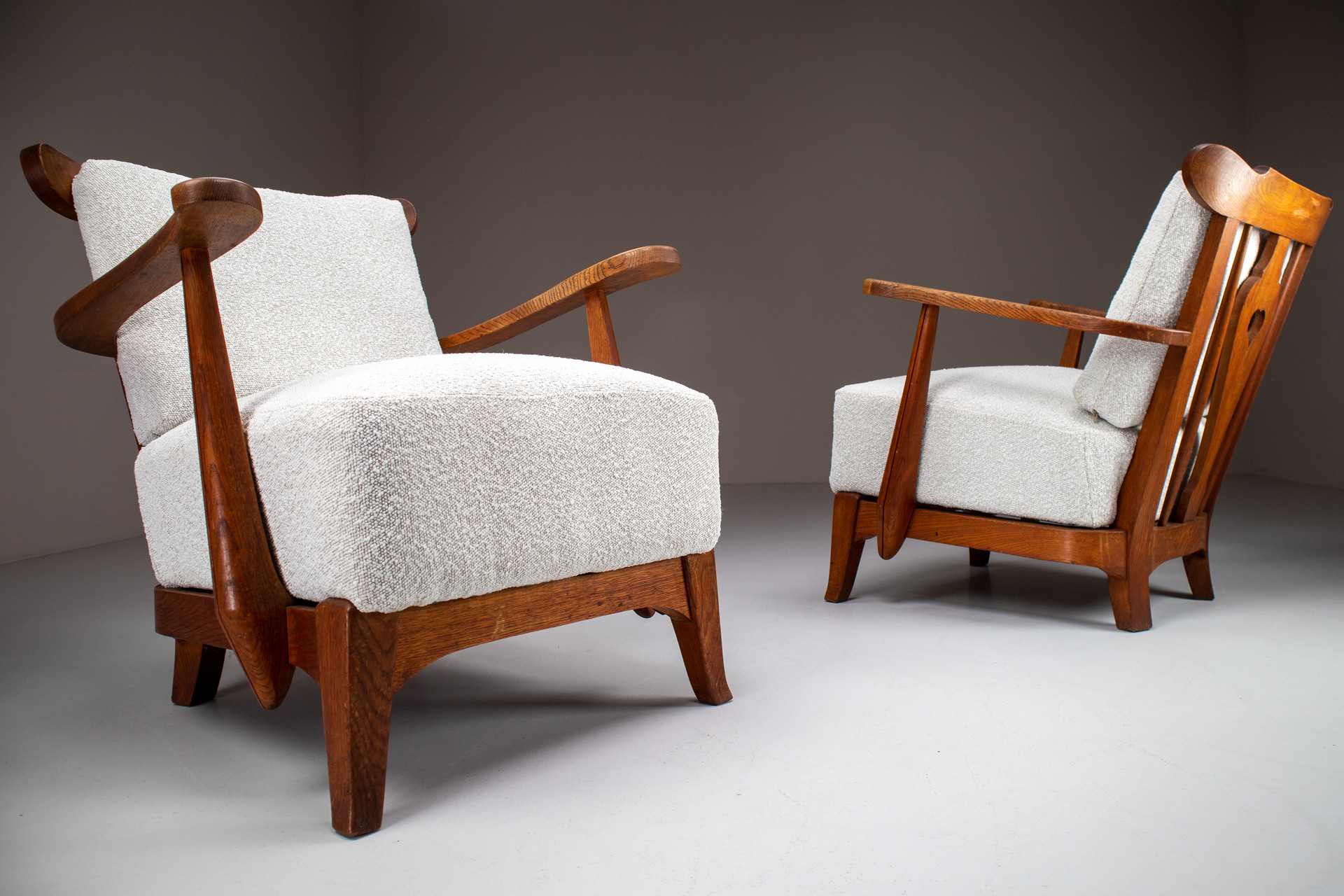 Oak Lounge / Armchairs With Re-Upholsterd Bouclé Fabric France 1950s Mid-20th century
