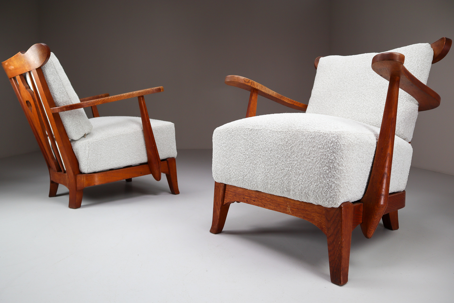 Oak Lounge / Armchairs With Re-Upholsterd Bouclé Fabric France 1950s Mid-20th century