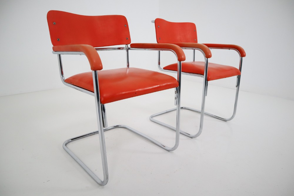 Orange Mid-Century Modern Bauhaus Chrome Armchairs by Thonet, circa 1930s