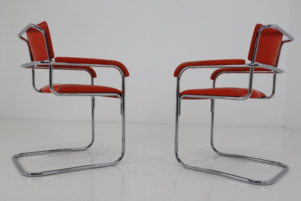 Orange Mid-Century Modern Bauhaus Chrome Armchairs by Thonet, circa 1930s