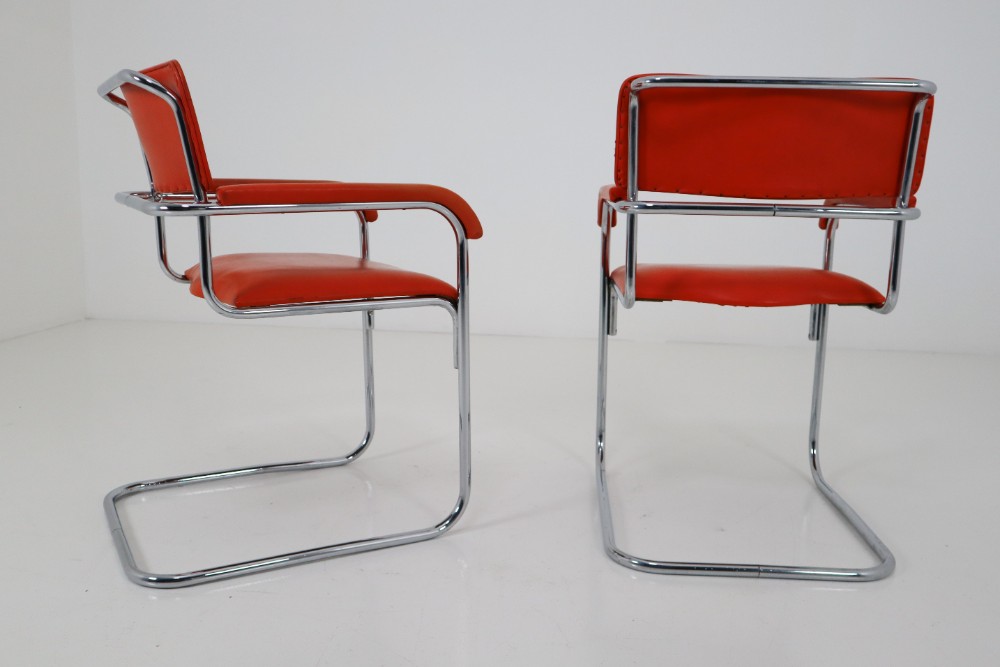 Orange Mid-Century Modern Bauhaus Chrome Armchairs by Thonet, circa 1930s