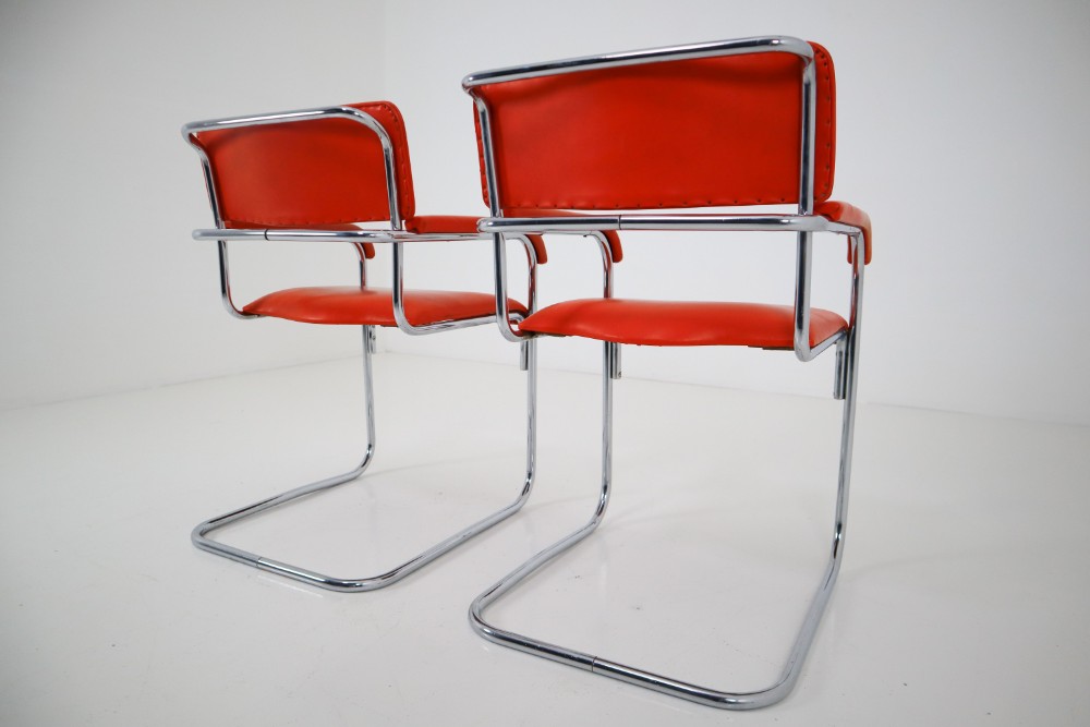 Orange Mid-Century Modern Bauhaus Chrome Armchairs by Thonet, circa 1930s