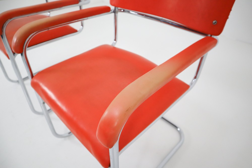 Orange Mid-Century Modern Bauhaus Chrome Armchairs by Thonet, circa 1930s