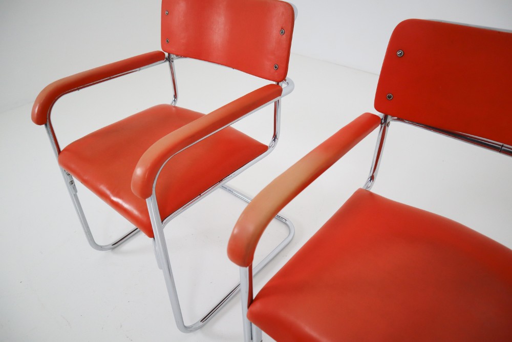 Orange Mid-Century Modern Bauhaus Chrome Armchairs by Thonet, circa 1930s