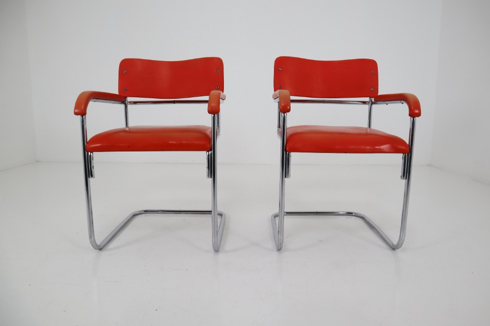 Orange Mid-Century Modern Bauhaus Chrome Armchairs by Thonet, circa 1930s