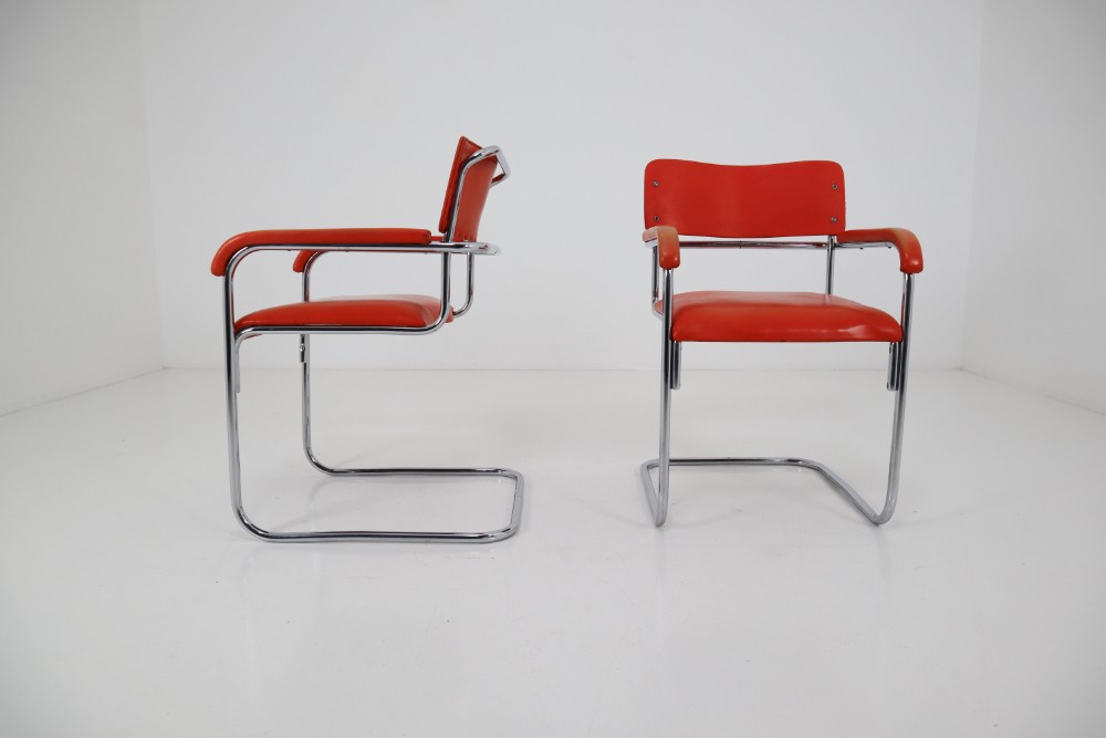 Orange Mid-Century Modern Bauhaus Chrome Armchairs by Thonet, circa 1930s