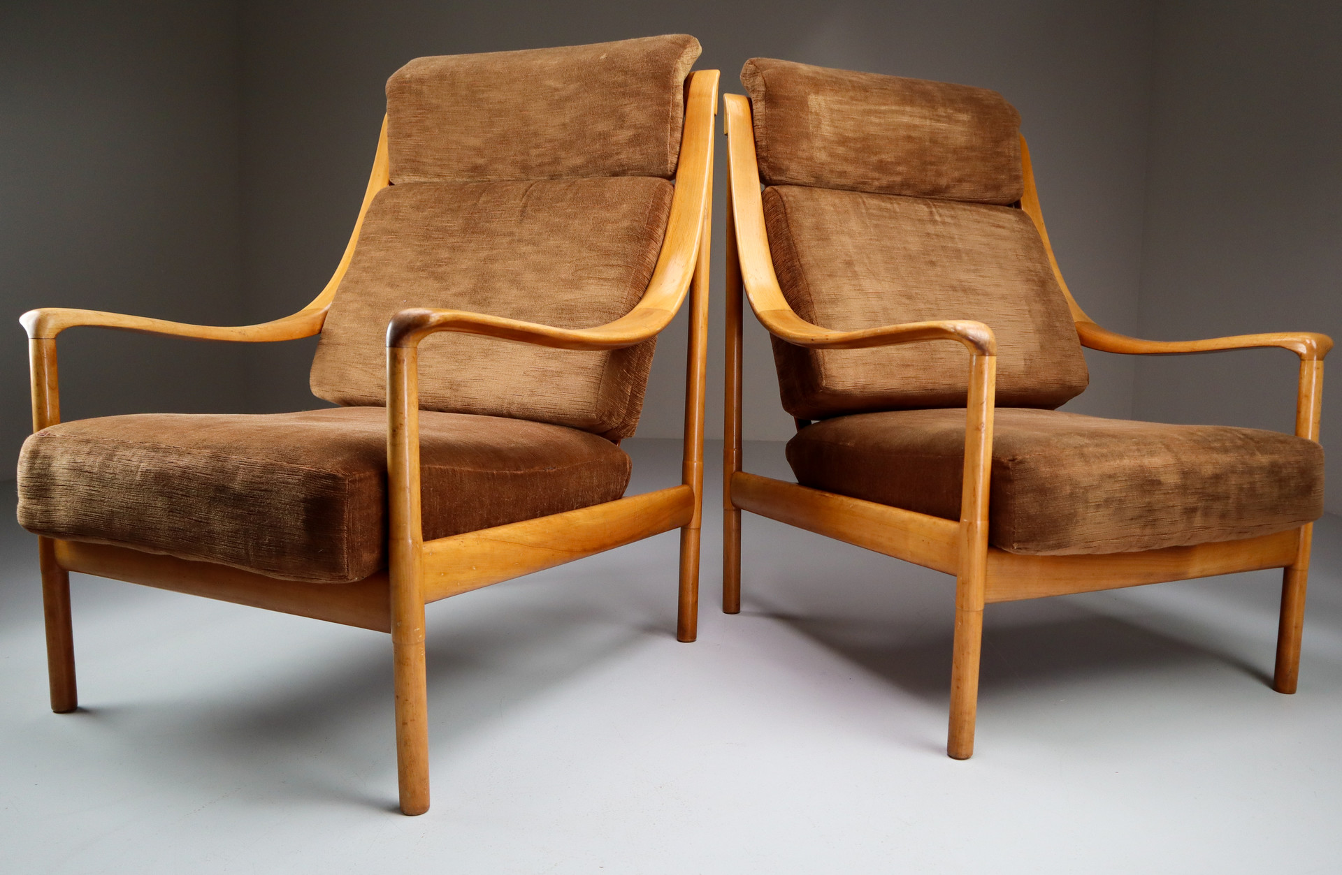 Pair Dutch Walnut Armchairs with original Fabric , The Netherlands 1950s Mid-20th century
