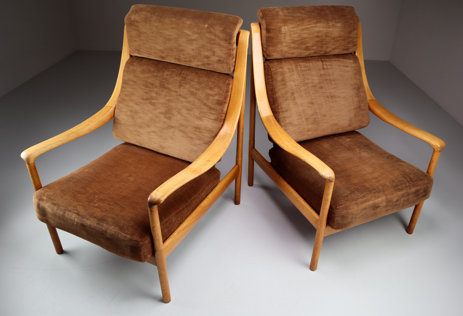 Pair Dutch Walnut Armchairs with original Fabric , The Netherlands 1950s Mid-20th century