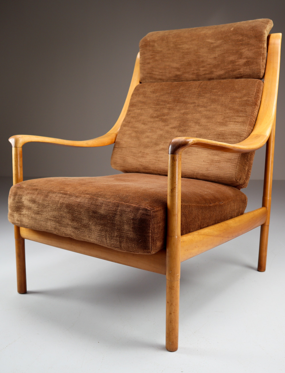 Pair Dutch Walnut Armchairs with original Fabric , The Netherlands 1950s Mid-20th century