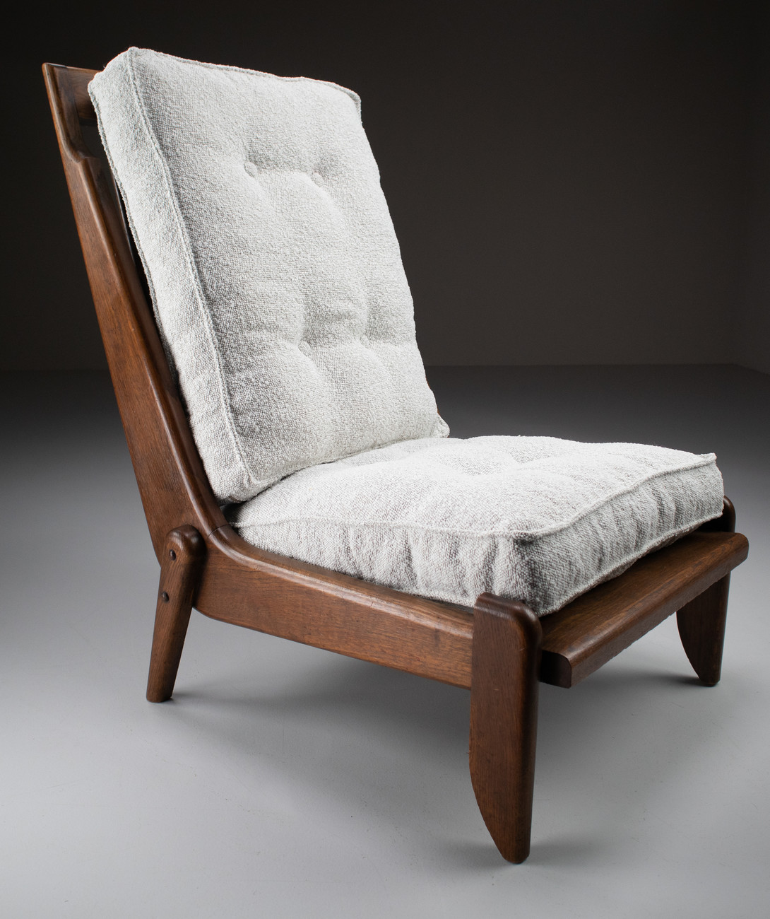 Pair Lounge chairs by Guillerme & Chambron with newly upholstered cushions in boucle fabric , France, circa 1950 Mid-20th century